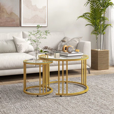 Gold Nesting Coffee Tables Set of 2 Round Tempered Glass Top Art Deco Side Table