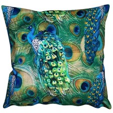 Velvet Peacock Procession Cushion. Bright Blue & Green Feathers. 17x17" Square