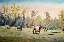 Horses dawn Oxfordshire countryside original watercolour painting 22 x 15 inch