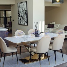 Valeo 180cm White Stone Gold Dining Table V Stand with 6 Beige Leather Chair Set