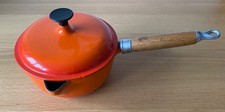 Vintage  Volcanic Orange Cast Iron Saucepan with Lid and Wooden Handle - 18cm