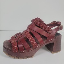 Swedish Hasbeens Clogs Sandals Women’s 38 Red Braided Leather Wooden Heels