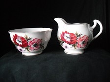 Vintage Crown Royal Bone China  Milk Jug & Sugar Bowl Floral Anemones Design