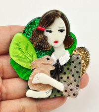 Acrylic brooches Lady holding a bunny brooch Pin Fashion Jewelry Gift for her