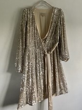JENNY PACKHAM SILVER SEQUINS LONG SLEEVES WRAP MIDI FORMAL WEDDING DRESS SIZE:10