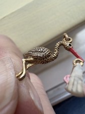 9ct Gold Charm Stork with Baby, Moving, Enamelled Vintage 2.38Grams 