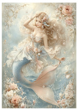 1 x  A4 Rice Paper Decoupage - Mythical Mermaid, Enchanting, Rose, Pastel Flower
