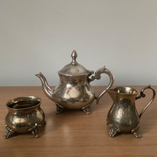 Antique EPNS Silver Plated Brass Edwardian Tea Set Teapot Sugar Bowl & Creamer