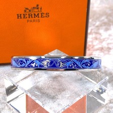 Vintage Hermes Enamel Bangle Bracelet Blue Enamel Botanical Silver Rim 65 w/Box