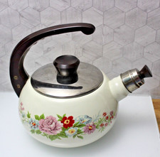 Vintage Enamel Coated Metal Whistling Teapot with Floral Design – Plastic Handle