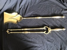 Large Antique vintage Brass Heavy Companion Set fire tools Shovel And  tongs