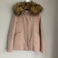 Zara Coat Womens Small Dusty Pink Hooded Faux Fur Trim Pea Coat