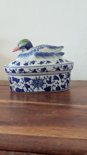 Blue white ceramic duck - &,