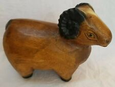 Large Wooden Ram Decor Carved Brown Body Large Curved Black Horns 6.5" tall