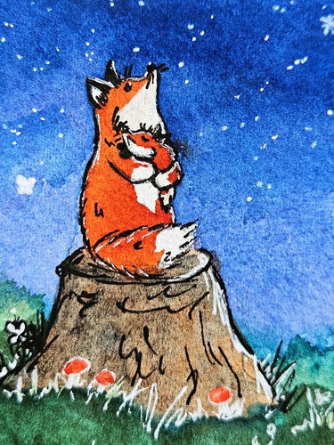 Fox moon star watercolour - moon,