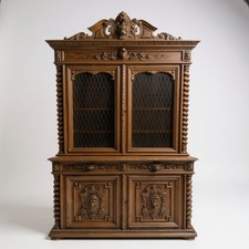 Antique French Hand Carved Solid Oak Bookcase Kitchen Dresser Late 1800s Cabinet