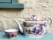 Antique Miles Mason 1805, Porcelain Teapot of Boy at the Door Pattern, + Cup