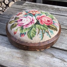 Antique Wooden Footstool Floral Needlepoint Embroidered Top Flowers Embroidery