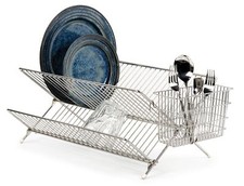 Chrome Kitchen Sink Dish Drainer Plate Cups Dry Rack With Cutlery Caddy Folding