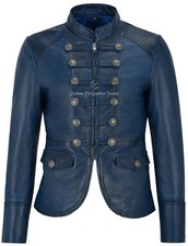 Ladies Leather Jacket Blue Victory Military Parade Style Real Soft Lambskin 8976