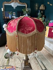Jeanne  - 14" Victorian Pure Silk Fringed Glass Beaded Lampshade - Red, Gold