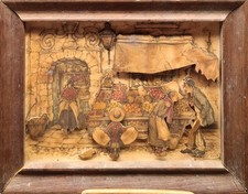 Vintage Framed Anton Pieck Watercolor Market Scene Art Print Wood Carved Frame