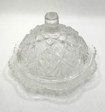 Pressed Glass Diamonds & Stars Scalloped Butter Pat Dish W/Lid 3.25”rnd x 2.5”h