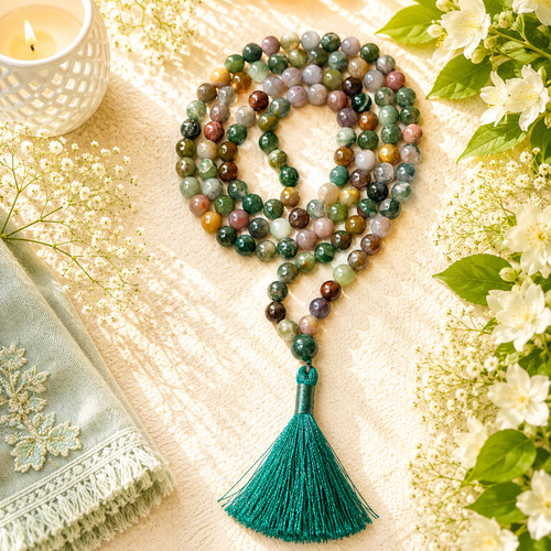 Indian agate jap mala necklace - agate,