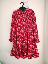 Girls Dress M&S Size 8-9 Years Fit And Flare Long Sleeve Red Floral Mix New
