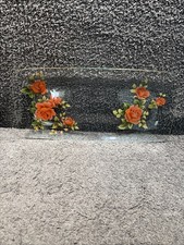60's Clear Glass Tray Dish "Red Roses" Flower Sandwich - Serving 13.25 x 6.25"