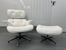 ‘Charles Ray Eames’  Style White Aniline leather Lounge Chair / Armchair + Stool