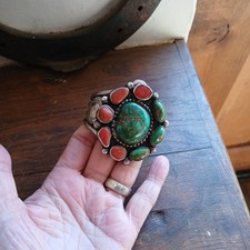 GENUINE VINTAGE NAVAJO SILVER TURQUOISE & CORAL CUFF BANGLE