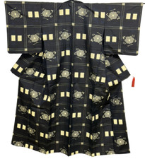 Japanese Vintage Kimono Silk Navy Tsumugi Expensive Tradition Heigh 62.99in