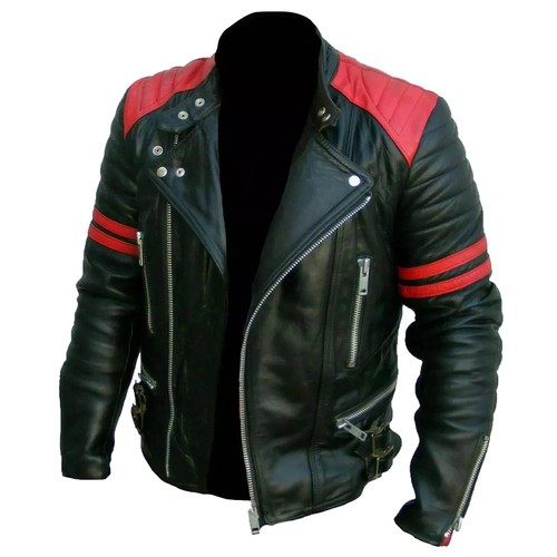 Men black red leather biker - men's,