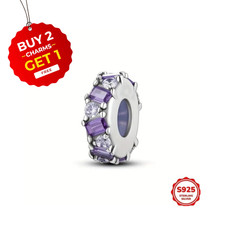 Purple Bezel Set Stopper Charm with Silicone Ring S925 Sterling Silver for Women