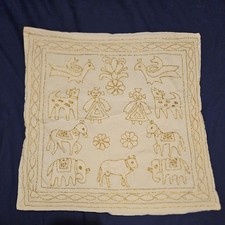 Indian Handmade Cushion Cover 38x38cm white gold thread animals 