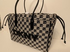DKNY Large Black And Grey Tote Bag. Monogram Logo. Draw Strings. New With Tags