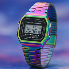Retro Classic Unisex Digital Steel Bracelet Watch A168WA-1YES Rainbow Colorfull
