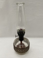 Vintage Lamplight Farms Glass Oil Lamp Pierced Metal Band & Chimney