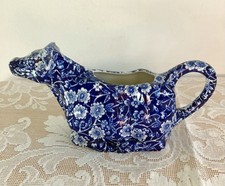Vintage Staffordshire Burleigh Calico Cobalt Blue & White Cow Milk Jug Creamer