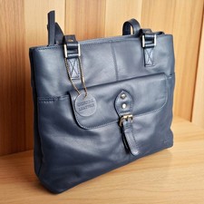 GiGi Leather Navy Blue Shoulder Bag Tote Handbag Womens Large Zip Compartments