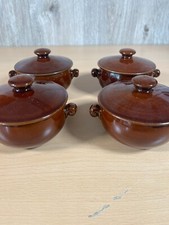 Vintage 6x10cm Denby Soup Bowls with Lids - Homestead Blue + Brown Stoneware X 4