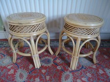 Vintage Pair Bamboo Rattan Wicker Round Stools or Plant Stands 18.5" H x 14" dia