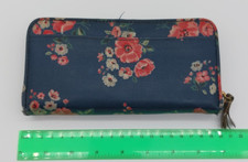 Cath Kidston Coated Long Purse Wallet Navy with Floral Card Coins Notes Zipper