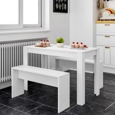 3pcs Wooden White Dining Table and 2 Benches Set Kitchen Furniture Space-Saving
