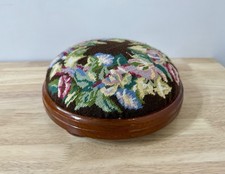 Vintage Wooden Small Round Footstool – Floral Needlepoint Top, Cottagecore Decor