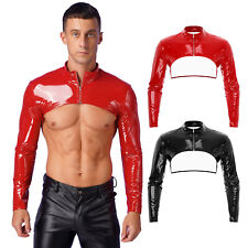 Men's Long Sleeve Crop Top Shiny PVC Leather Club Tank Tops Sexy Muscle Shirts