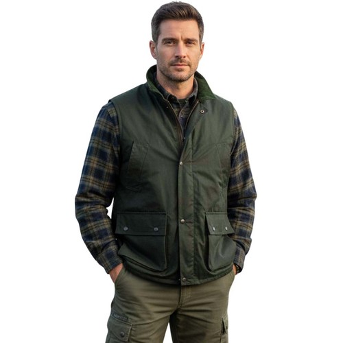 Mens game wax gilet - wax, tartan