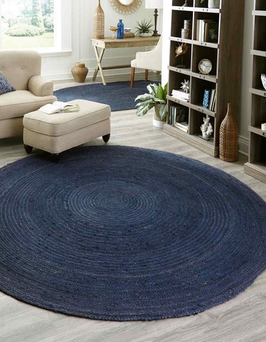 Rug round jute - blue, mat