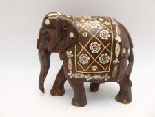 VINTAGE WOODEN CARVED INLAID ORNATE ELEPHANT TIMBER STATUE FIGURINE